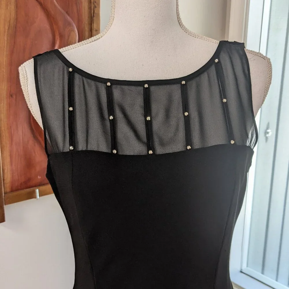 Vintage Jones Wear Black Mesh Crystal Cowl Back Dress Sz 10 Sleeveless LBD Goth